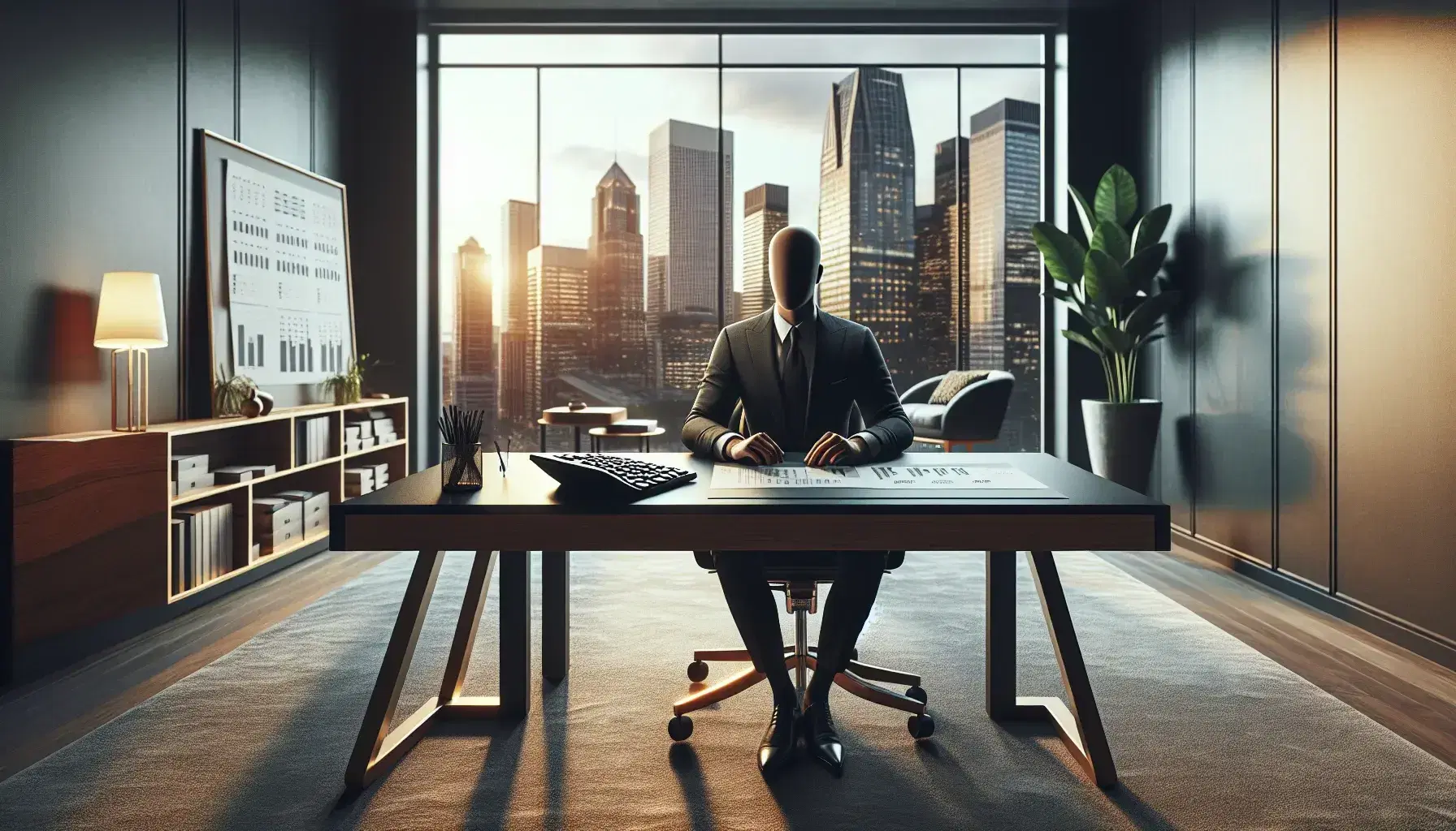 Modern office with dark wood desk, active calculator, printed charts, and a professional in a suit, overlooking a city skyline at sunset.