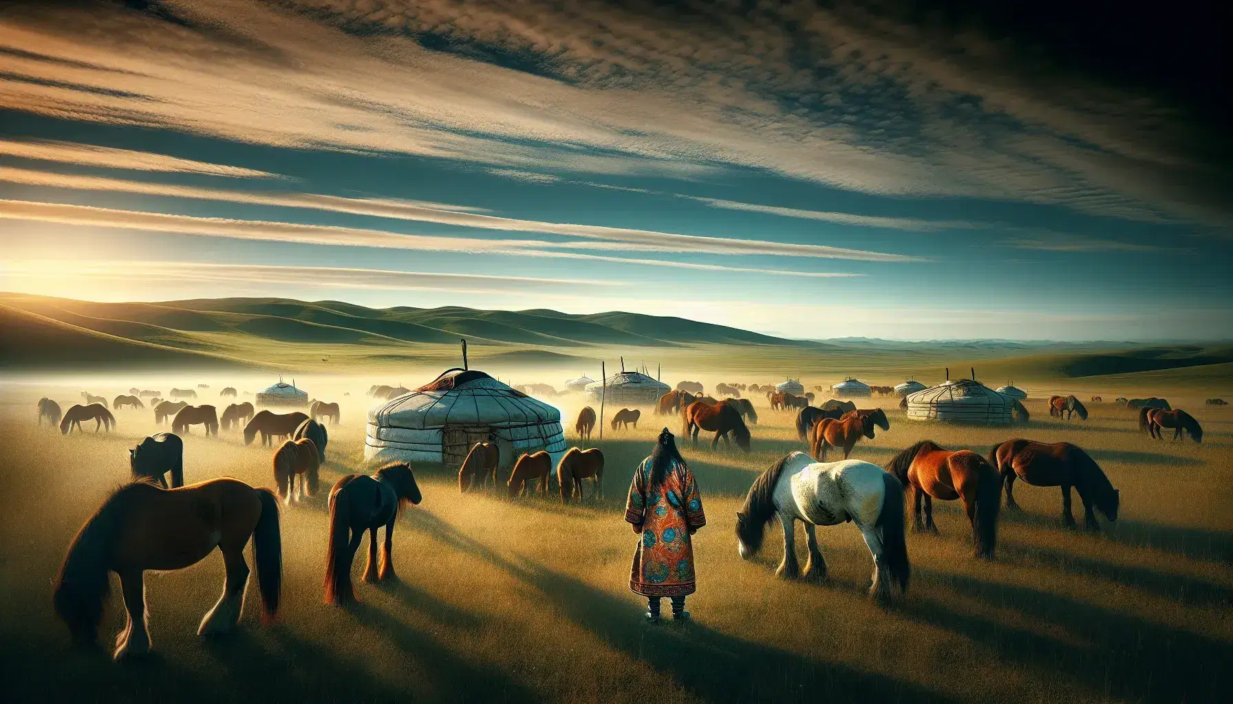 Mongolian steppe with rolling grasslands, grazing horses, a person in traditional attire, and gers under a clear blue sky.