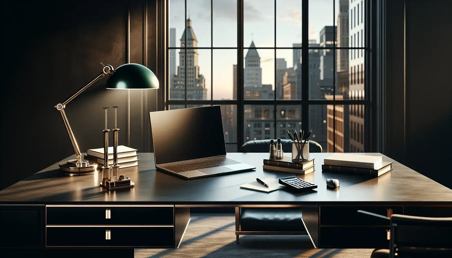 Modern office with a black desk featuring a silver laptop, green banker's lamp, papers, and calculator, overlooking a cityscape at sunset.