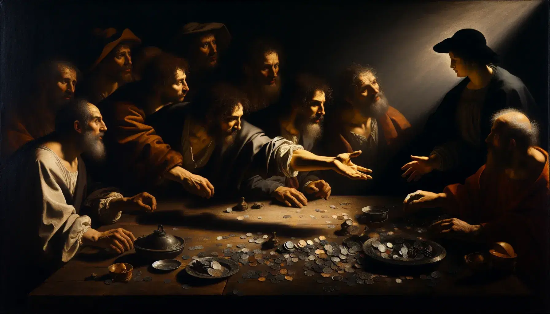 Riproduzione del dipinto "La Vocazione di San Matteo" di Caravaggio, con vividi contrasti chiaroscurali e figure in abiti d'epoca.