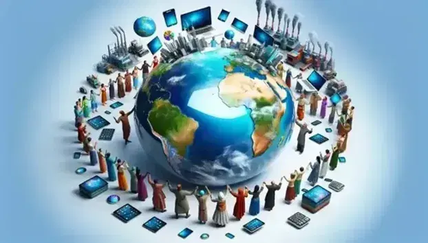 Globo terrestre circondato da persone in abiti tradizionali con dispositivi tecnologici sospesi sopra e strutture industriali in basso.