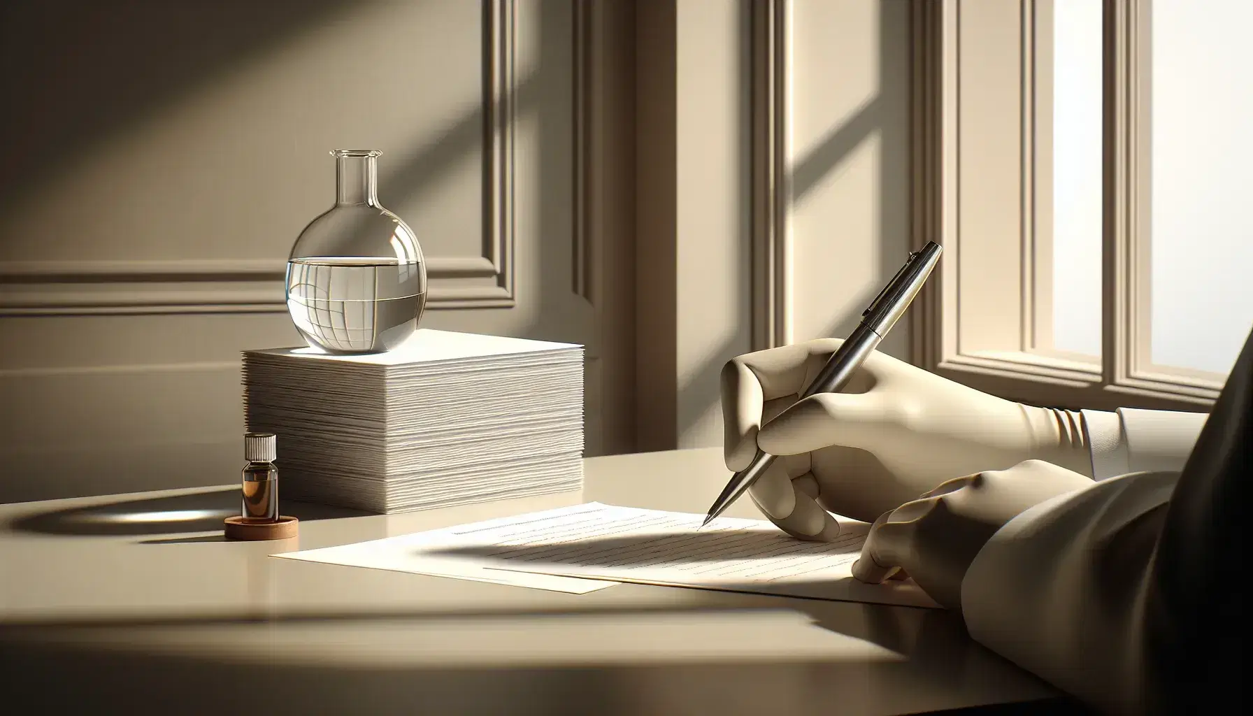 Tidy desk with glass beaker and clear liquid, gloved hands hold steel pen, clean blackboard in background, warm environment.