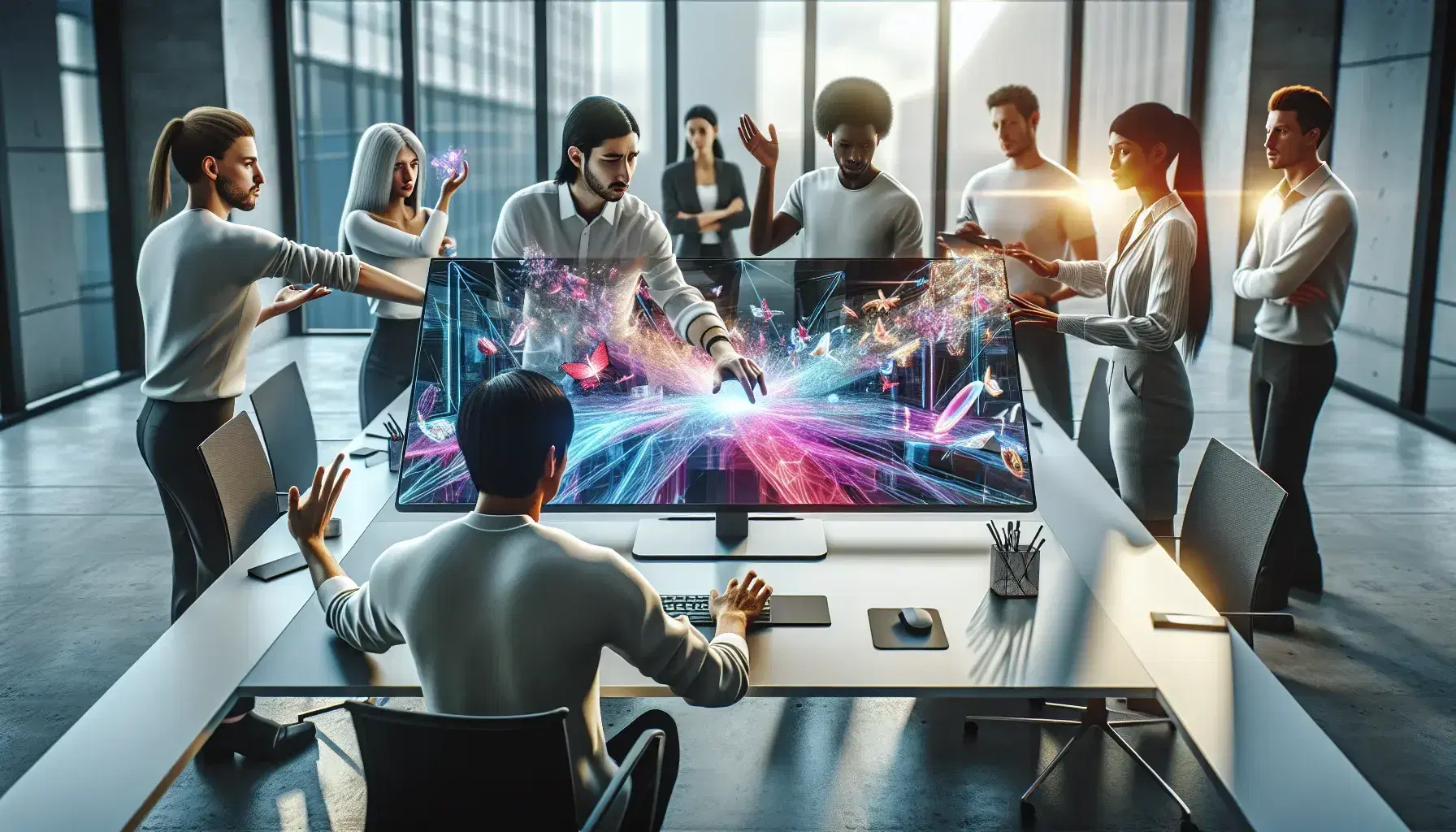 Modern office environment with different people using advanced technology, including monitor, interactive table and VR headset.
