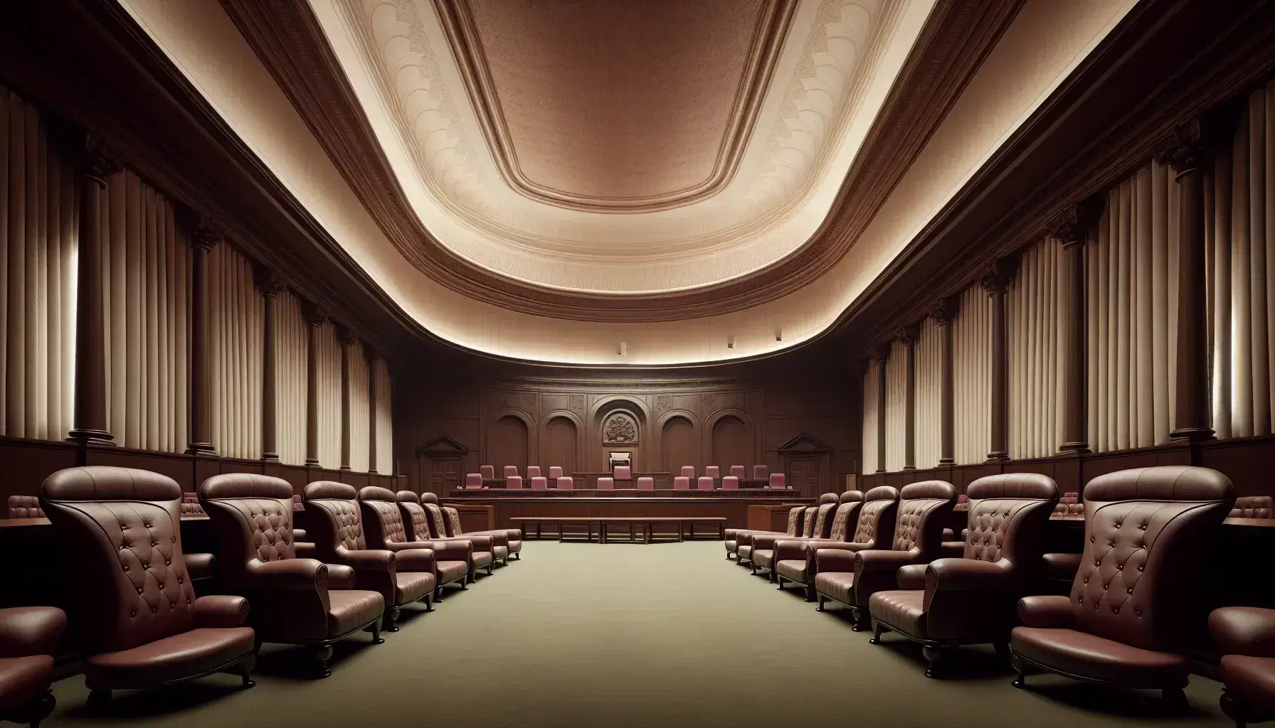 Central hall of the Supreme Court of India with curved dark wooden bench, chairs with burgundy upholstery and dark green carpet.