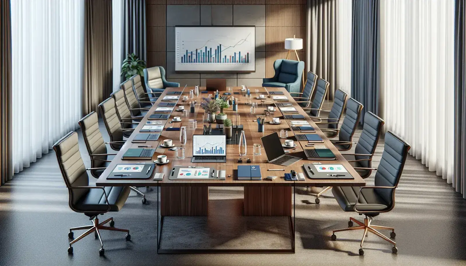 Sala de reuniones iluminada con mesa de madera, sillas azules, laptops con gráficos, libretas, taza de café y botella de agua, junto a ventana con cortinas blancas.