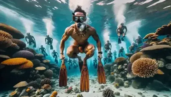 Sama-Bajau divers diving among vibrant corals, with wooden fins and traditional equipment, in crystal clear waters under a clear sky.