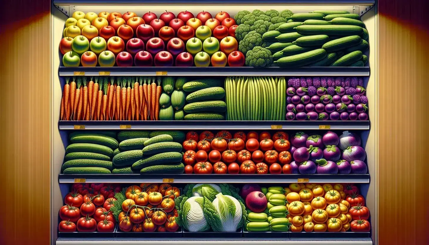 Fresh produce on grocery store shelves with red apples, green cucumbers, yellow bananas, purple eggplants, orange carrots, red tomatoes, and leafy greens.