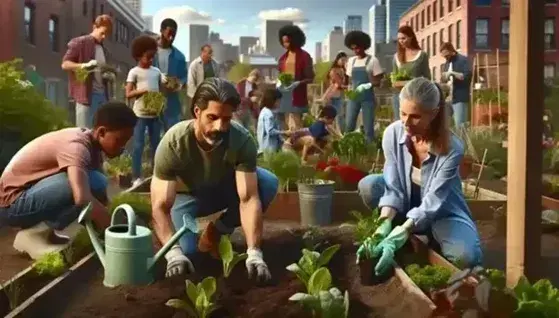 Grupo diverso colaborando en huerto urbano comunitario con actividades de jardinería, rodeados de vegetación y edificios de ciudad en el fondo.