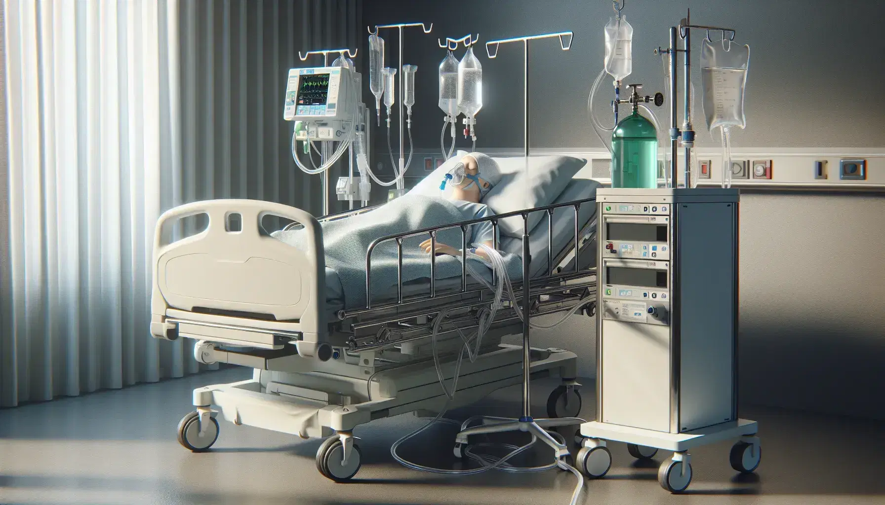 Paciente en cama de hospital con máscara de oxígeno, suero intravenoso y máquina de soporte respiratorio en habitación médica.