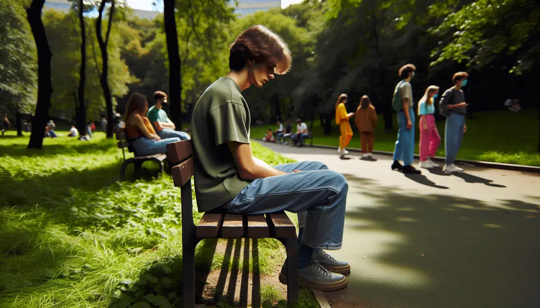 Persona seduta da sola su panchina in parco pubblico con alberi verdi, altri individui a distanza in attività ricreative.