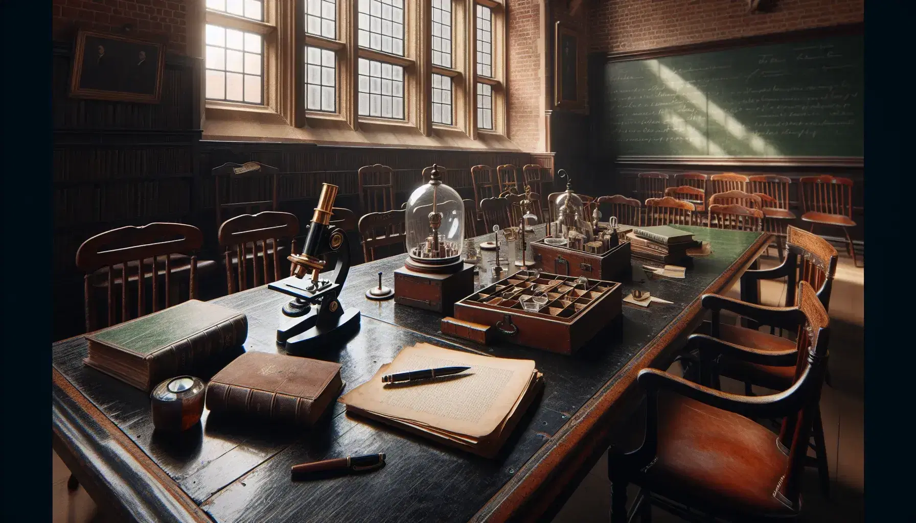 Aula universitaria vintage con pareti in mattoni a vista, grande tavolo in legno, sedie antiche, libri rilegati, penna stilografica, inchiostro e microscopio.