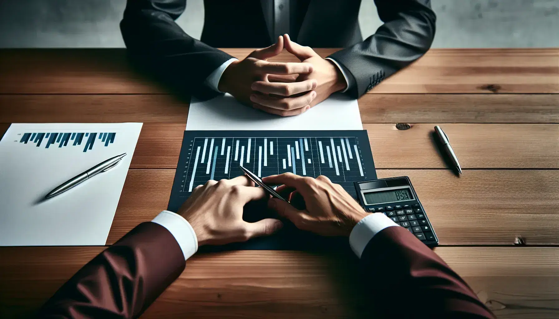 Two professionals in a business meeting, one with interlocked fingers, the other holding a pen over bar graphs, with a calculator and papers on a wooden table.