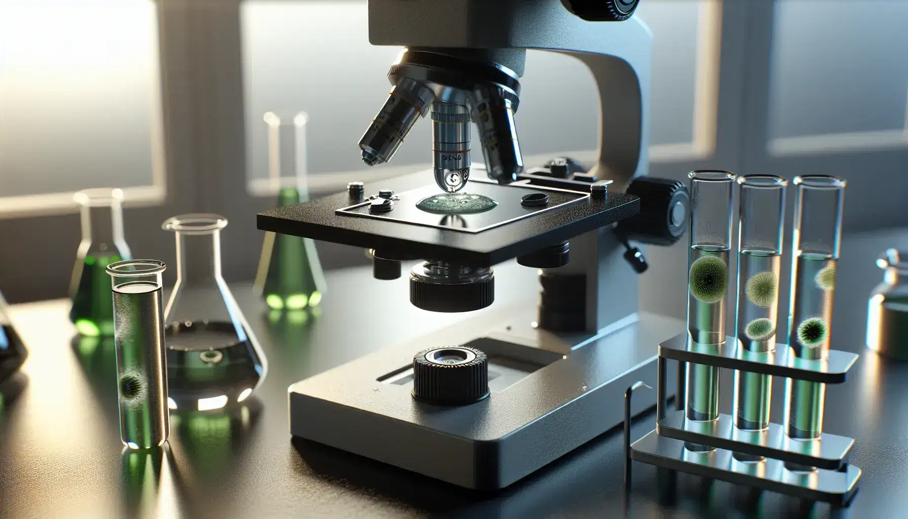 Microscopio ottico nero e argento su tavolo da laboratorio con vetrino e goccia d'acqua contenente strutture verdi, tubi da prova con campioni d'acqua algale.