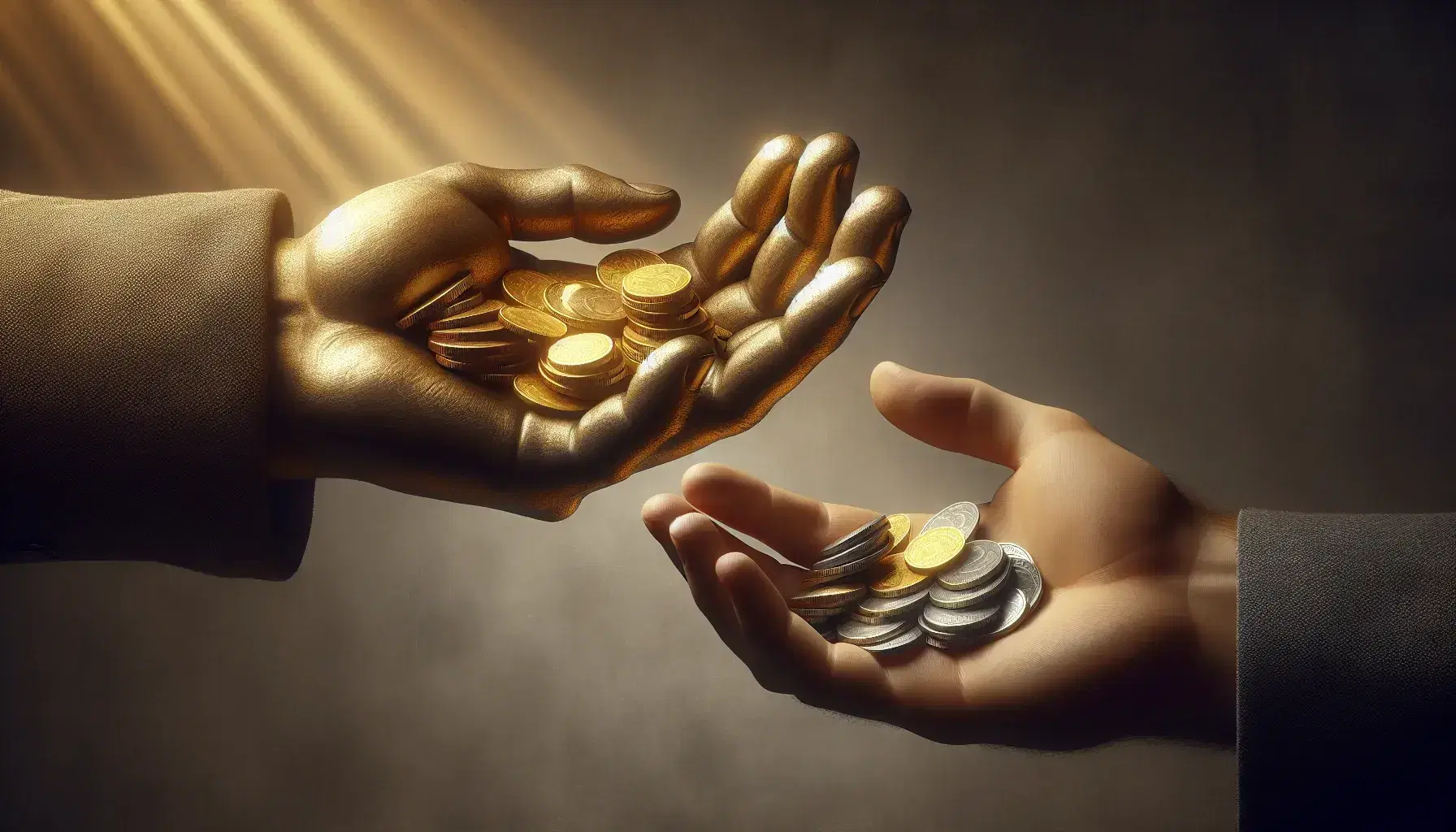 Manos intercambiando monedas de oro y plata, reflejando un acto de generosidad o transacción financiera, con enfoque en la acción y los detalles de las monedas.