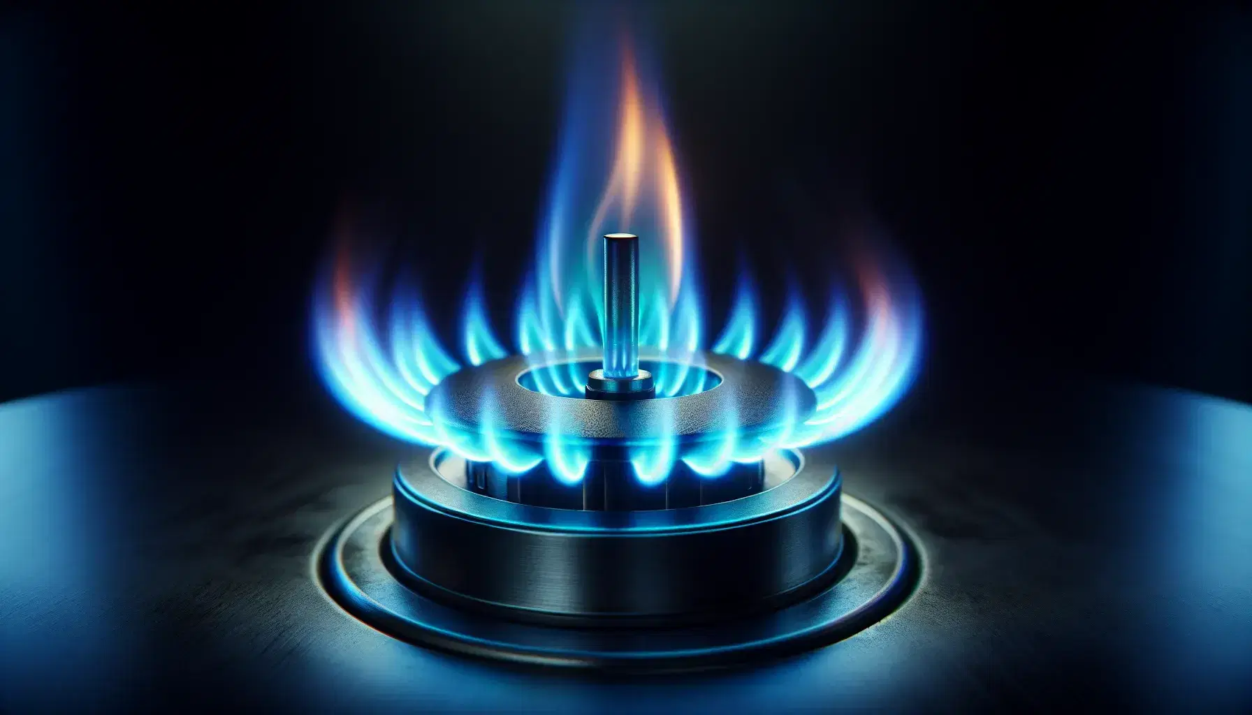 Vibrant blue flame from a metal burner on a dark background, with shades from deep blue at the base to lighter tones towards the tips.