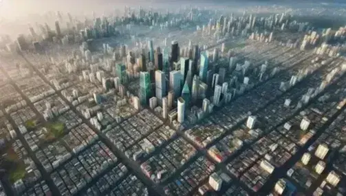 Vista aérea de ciudad densamente poblada con rascacielos centrales, calles en cuadrícula, zonas residenciales con techos inclinados y áreas verdes periféricas.
