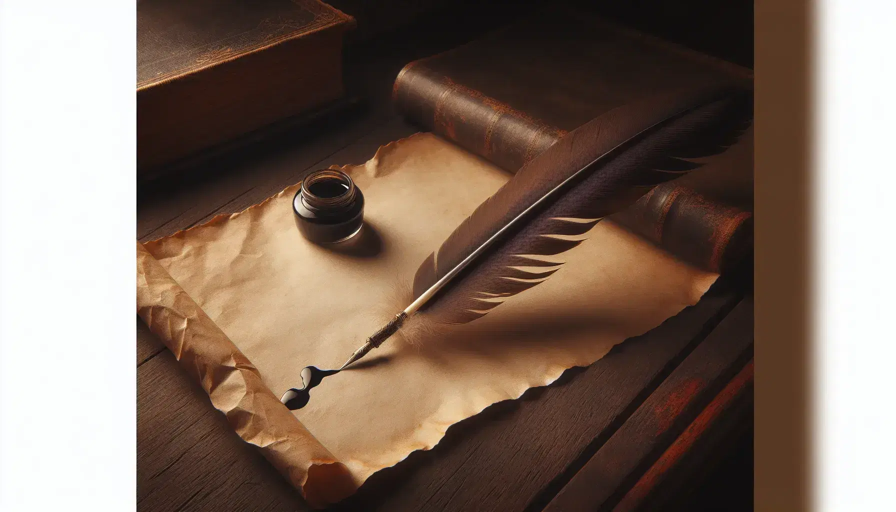 Quill pen on aged parchment with inkwell on a dark wooden desk, suggesting an antique writing setting, with soft lighting and blurred books in the background.