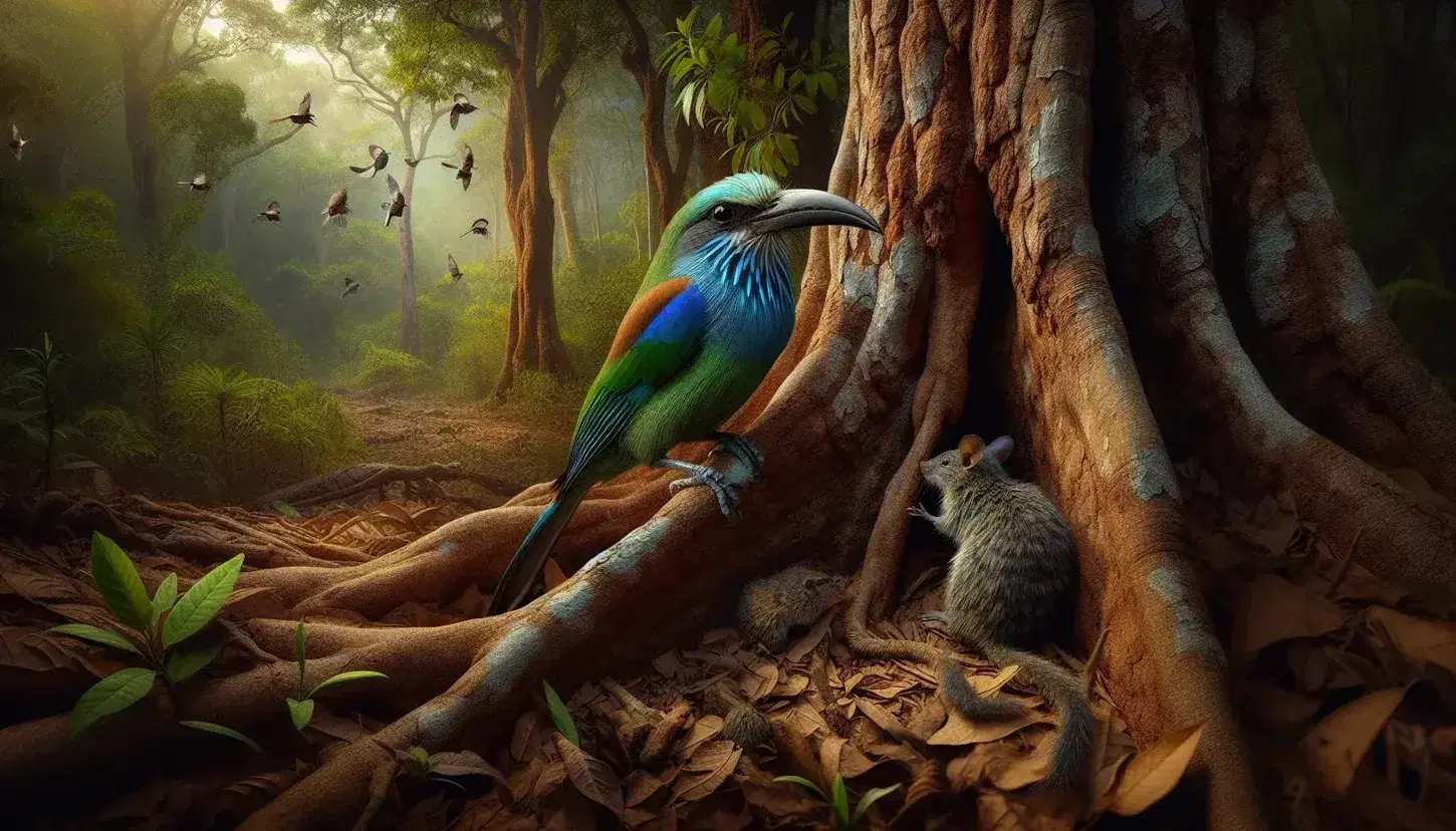 Escena natural con un árbol de tronco grueso y un ave de plumaje colorido en una rama, mientras un roedor gris recoge restos de comida en el suelo otoñal.