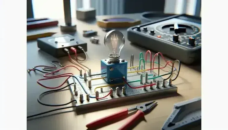 Laboratorio di fisica con circuito elettrico su tavolo in legno, batteria blu, fili colorati, interruttore aperto e lampadina spenta.