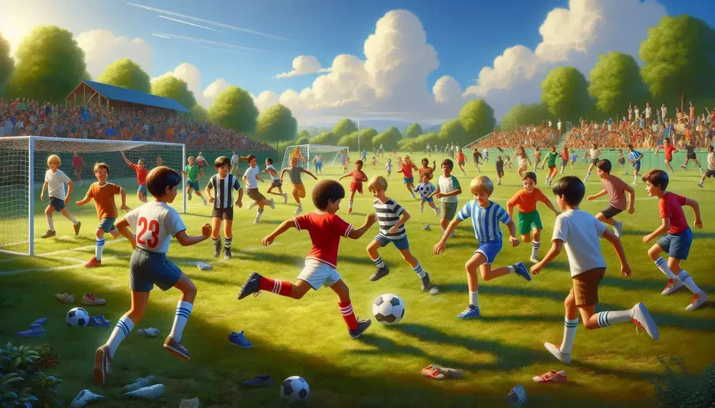 Bambini multietnici giocano a calcio in campo erboso sotto cielo azzurro, con bambino in maglia rossa che calcia pallone.