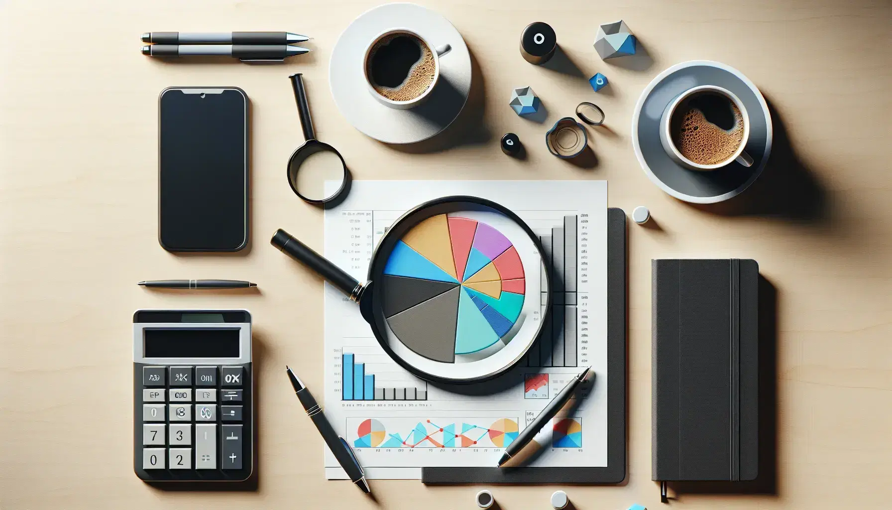 Vista superior de un escritorio con gráficos de pastel y barras, lupa, calculadora, cuaderno con figuras geométricas, bolígrafos y tazas de café.