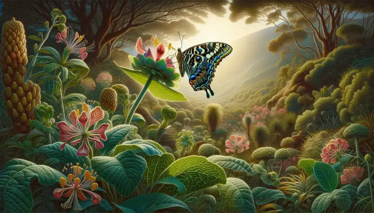 Mariposa con alas desplegadas en tonos azules, amarillos y negros posada en flor rosa y roja, con vegetación verde desenfocada de fondo.