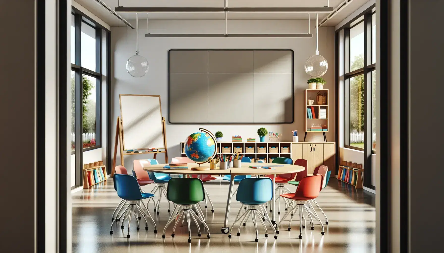 Aula scolastica colorata con tavolo ovale, sedie ergonomiche multicolore, lavagna bianca, armadio in legno, carrello con materiali didattici e modelli anatomici.