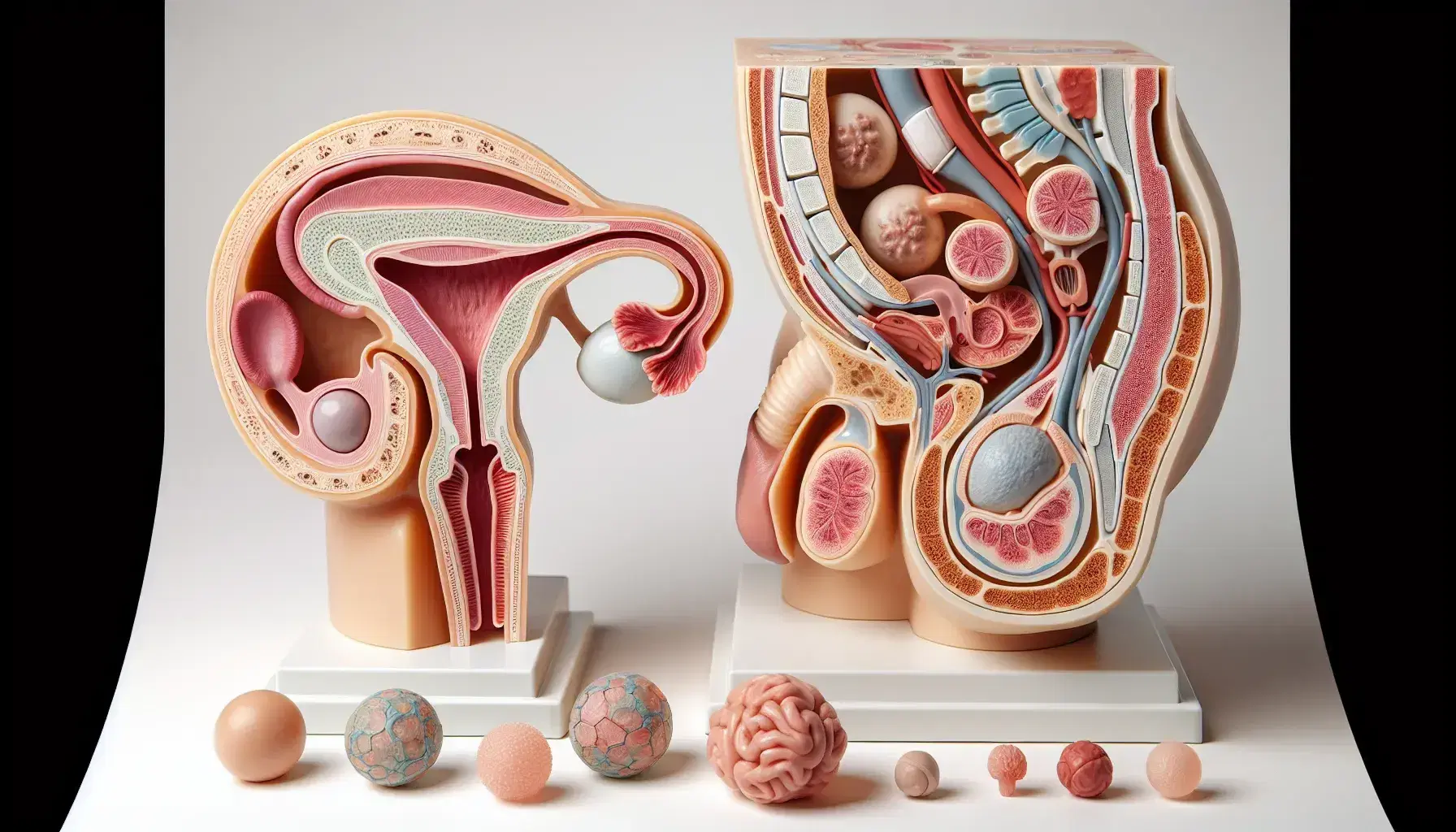 Modelos anatómicos tridimensionales de los sistemas reproductivos masculino y femenino, con órganos detallados y colores naturales, sobre fondo neutro.