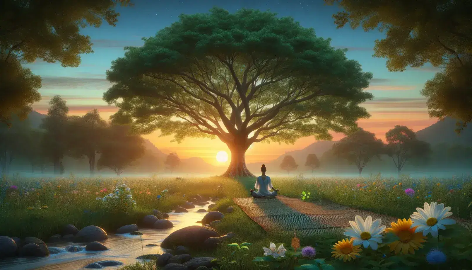 Amanecer sereno en la naturaleza con árbol frondoso, prado verde con flores silvestres, persona meditando y arroyo suave reflejando el cielo matutino.