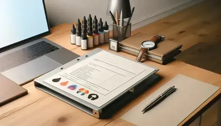 Scrivania in legno chiaro con raccoglitore, penna, inchiostri colorati, orologio analogico e laptop acceso, attrezzature per test di personalità.