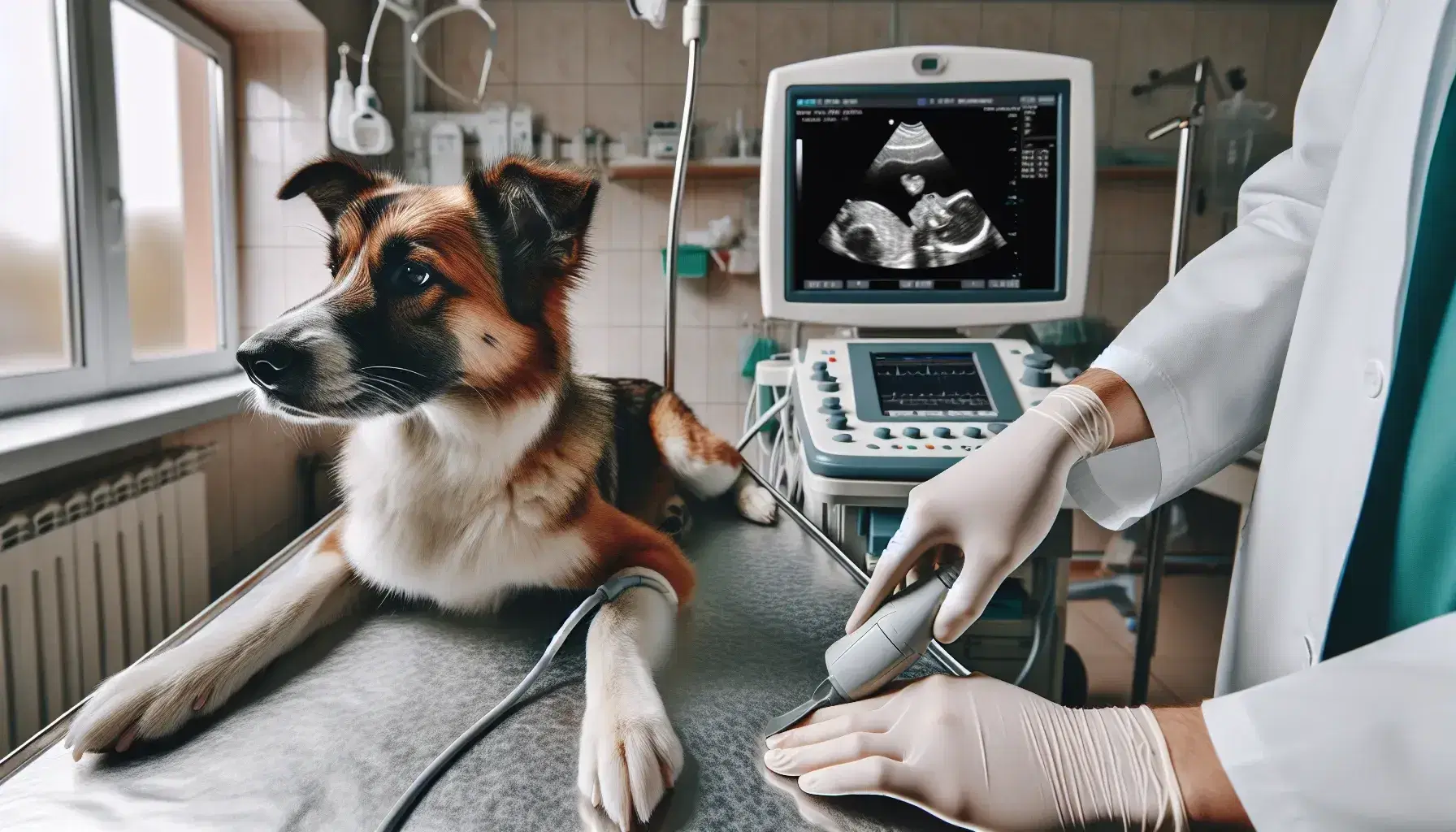 Veterinario realizando ecocardiograma a perro tranquilo en clínica, con máquina de ultrasonido y ambiente médico desenfocado de fondo.
