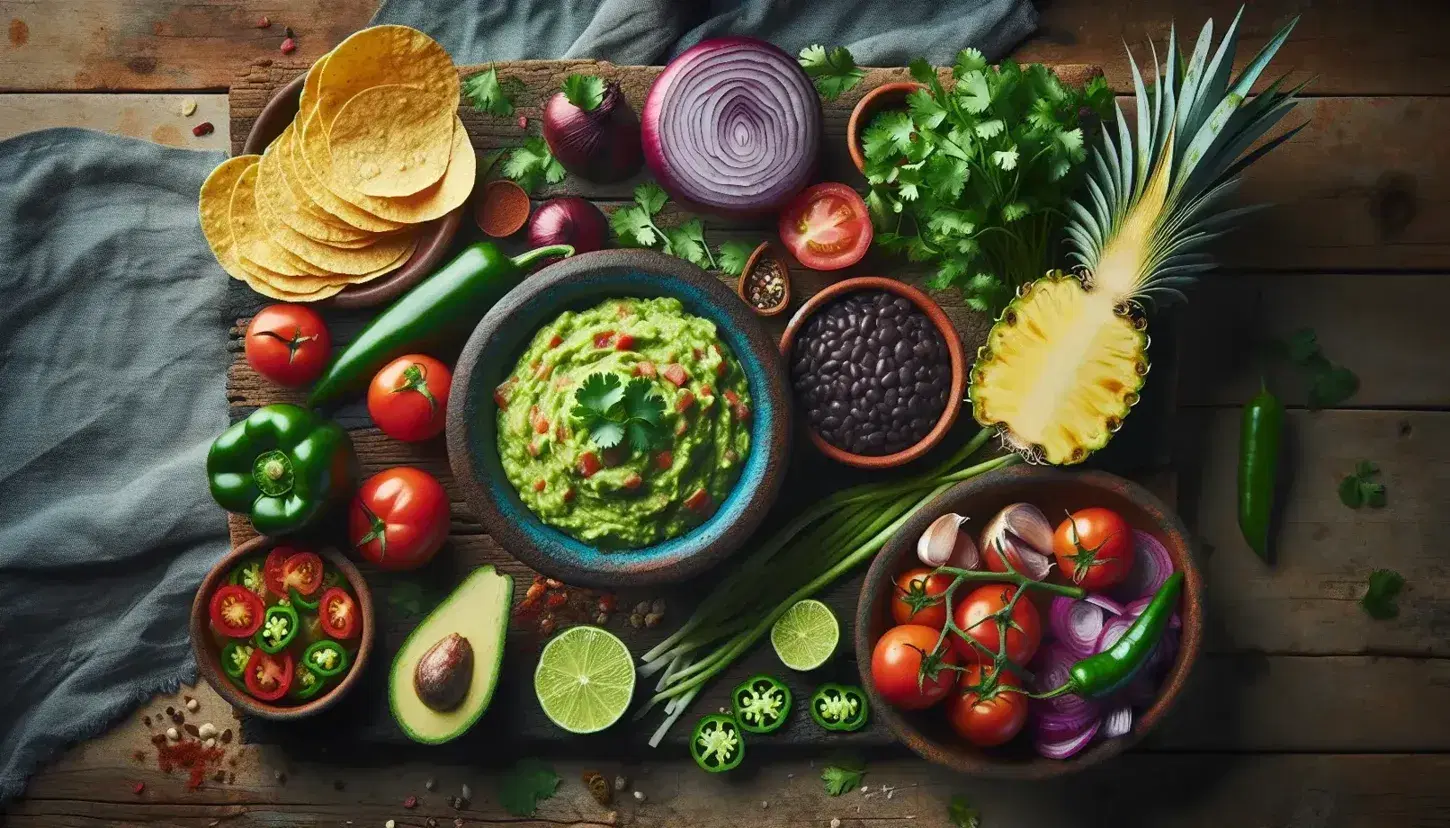 Mesa rústica con alimentos mexicanos frescos: guacamole en bol cerámico, tortillas de maíz, tomates, cilantro, cebolla morada, limones, frijoles negros, chile jalapeño, piña y calabaza.