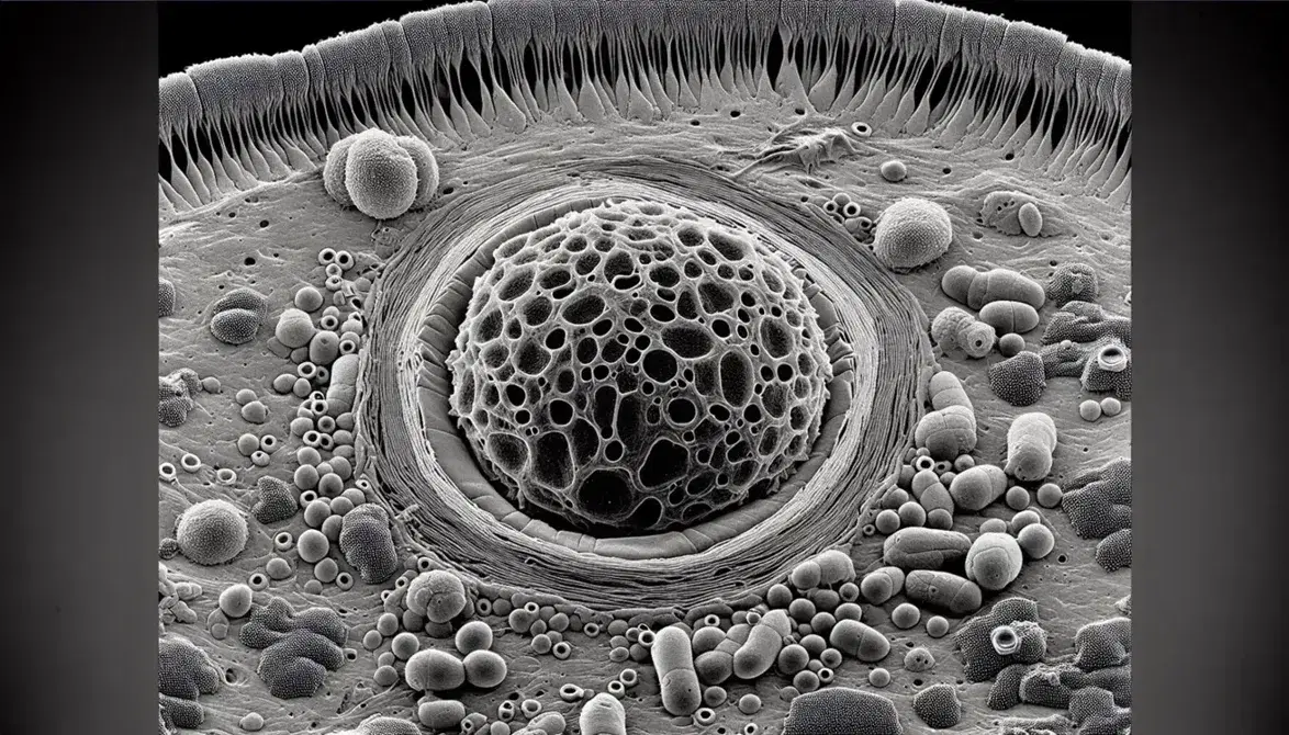 Vista al microscopio elettronico di trasmissione di una cellula eucariotica in fase di endocitosi con vesicola, citoplasma granulare e organelli.