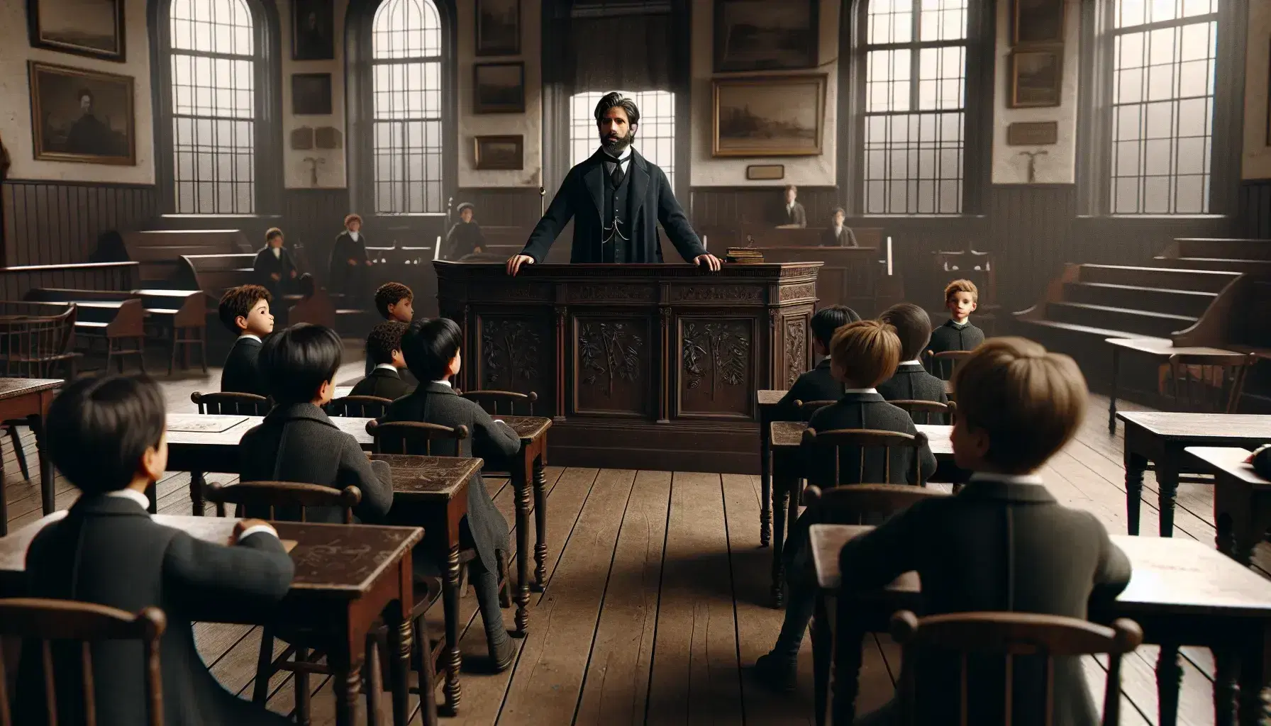 Scena di una classe vittoriana con maestro in piedi dietro banco in legno e bambini seduti su sedie, in abiti d'epoca e aula austera.