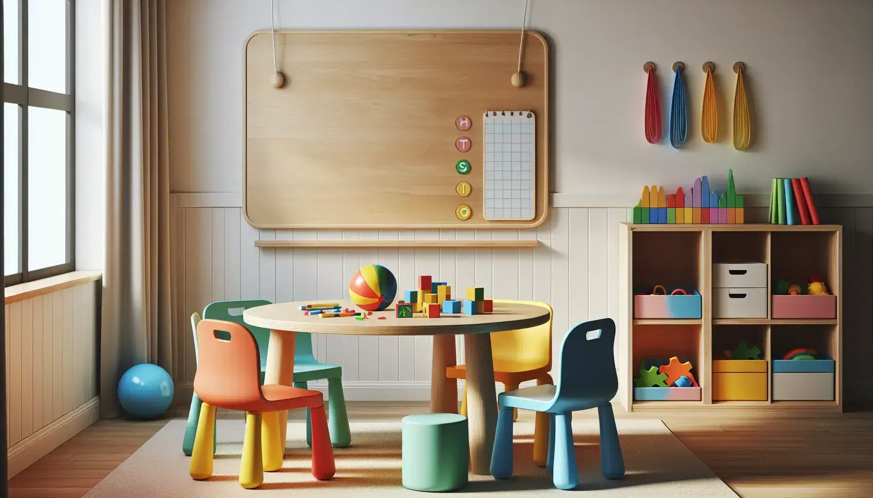 Aula infantil colorida con mesa redonda y sillas de colores, bloques de construcción, pelota y rompecabezas sobre la mesa, estantería con juguetes educativos y pizarra blanca al fondo.