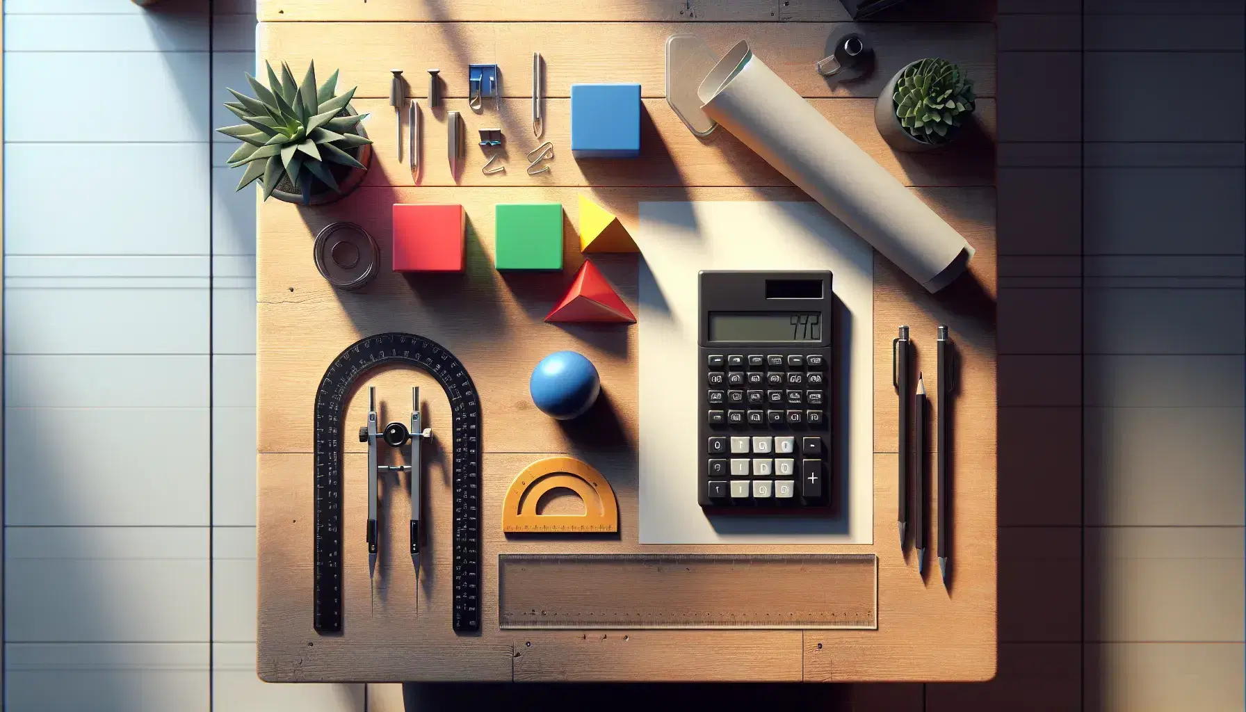 Organized wooden desk with calculator, colorful geometric shapes, compass, protractor, rolled scroll, potted plant, and stacked textbooks in a study setting.
