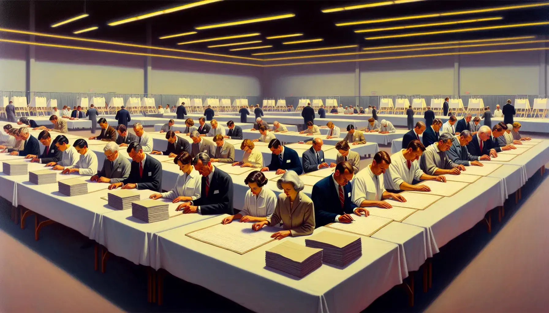 Election officials diligently count paper ballots at a well-lit, organized counting center during an election night.