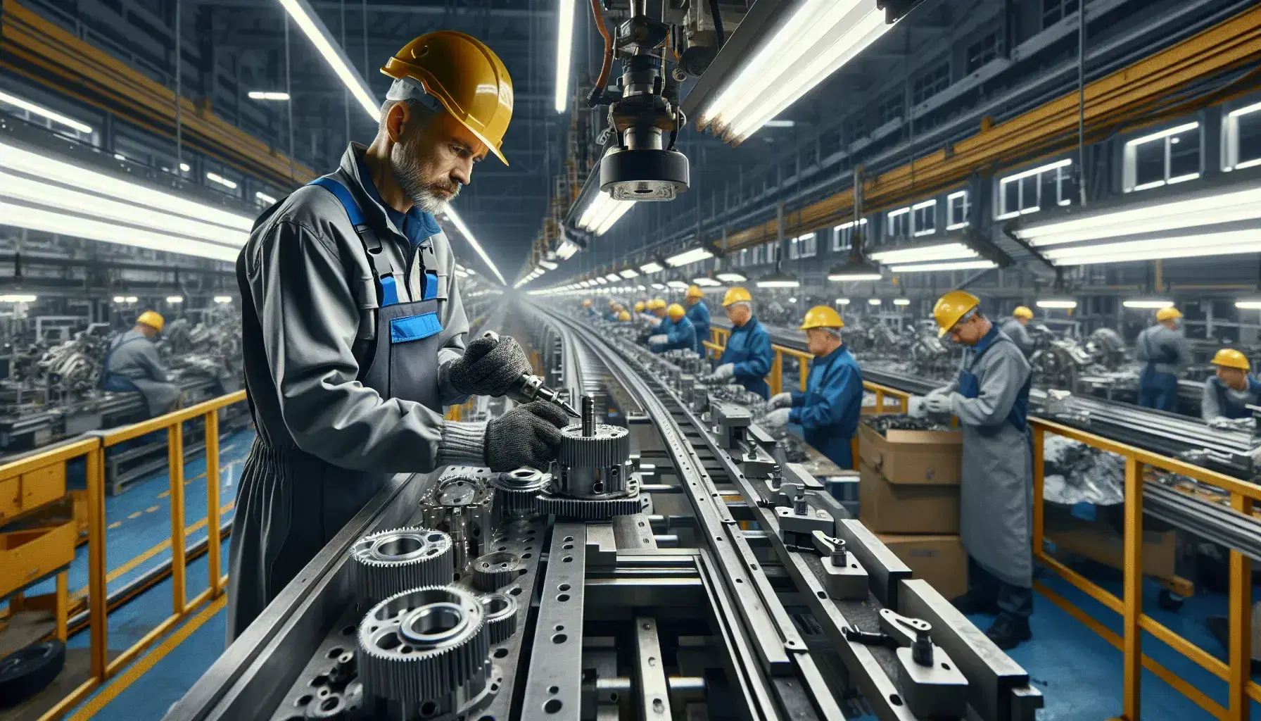 Operai in linea di montaggio industriale concentrati sul lavoro, con indosso caschi gialli, guanti e occhiali di sicurezza.