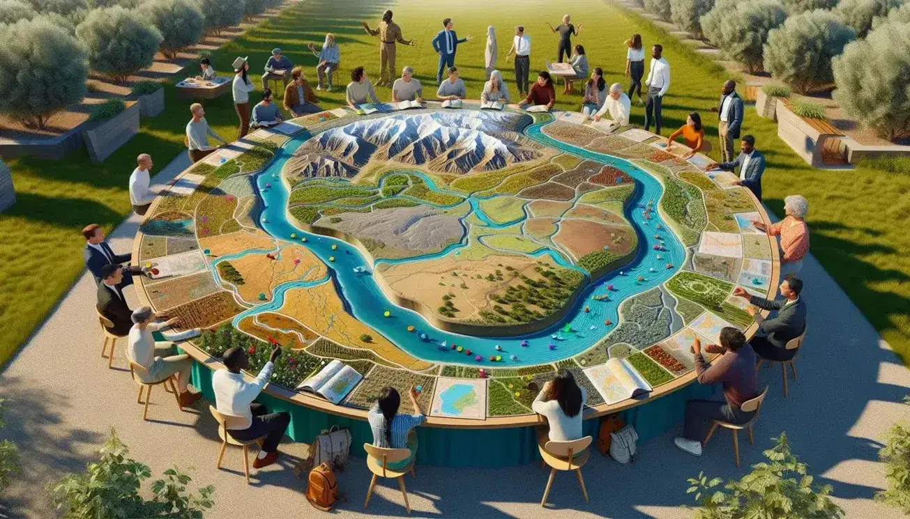 Grupo diverso de personas discutiendo sobre un mapa en relieve de una cuenca hidrográfica al aire libre, con marcadores de colores y rodeados de naturaleza en un día soleado.
