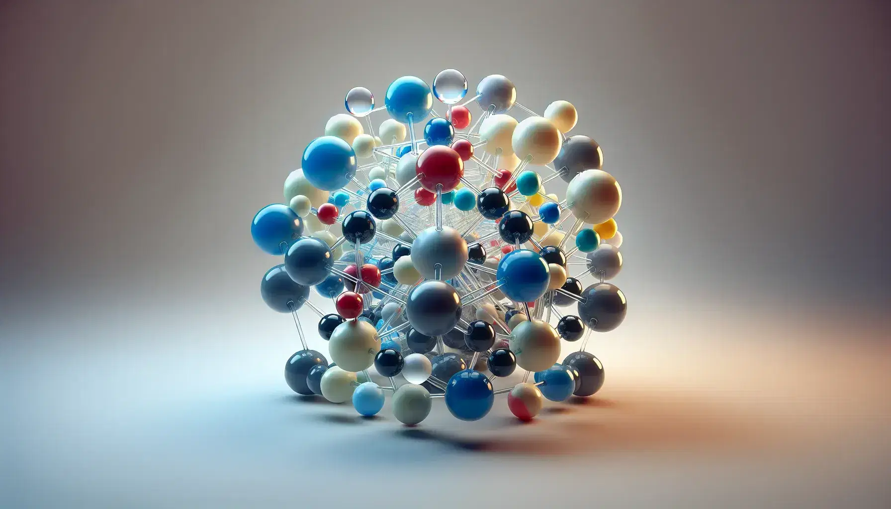 Estructura molecular tridimensional con esferas grandes azules, rojas y amarillas conectadas por varillas transparentes y esferas pequeñas blancas y negras unidas por varillas de colores.