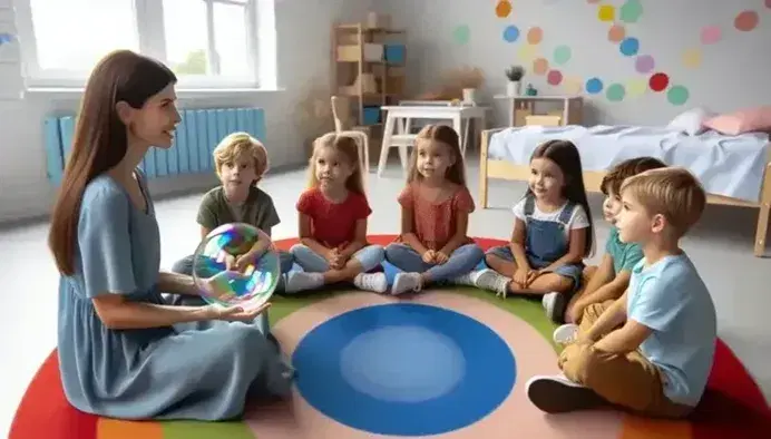 Bambini ascoltano attenta insegnante che mostra sfera colorata in aula luminosa, esprimendo meraviglia e curiosità.