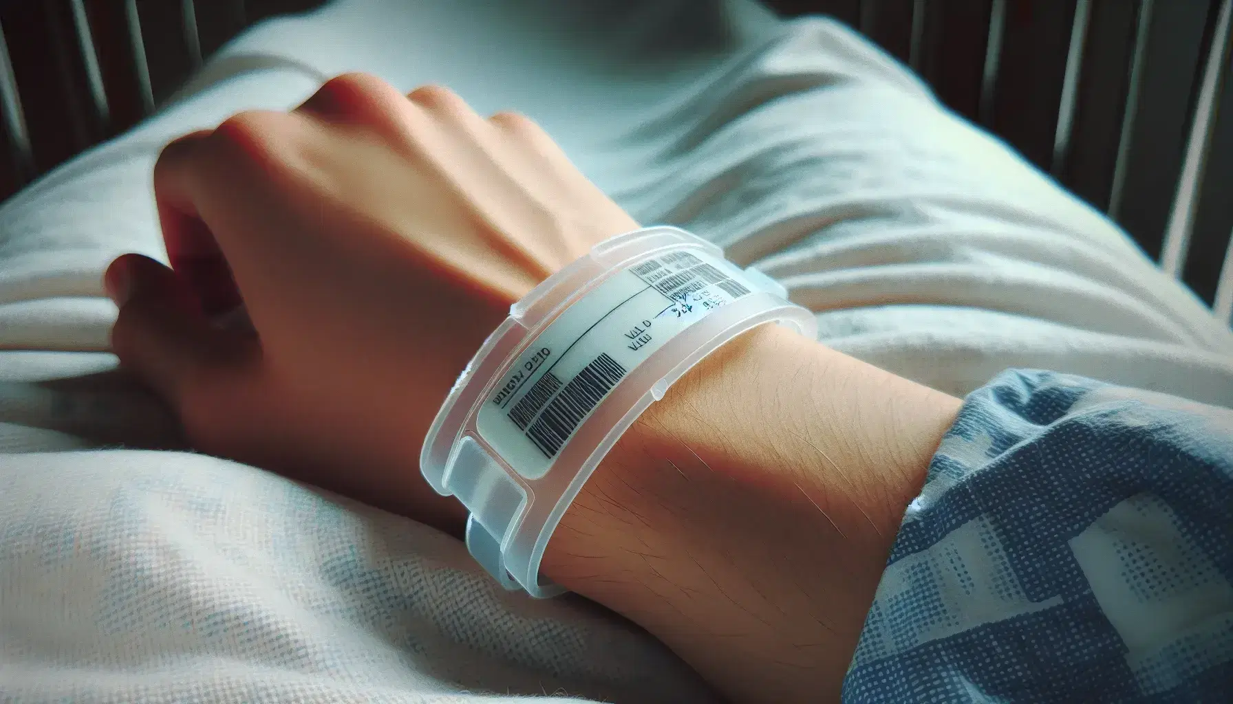 Pulsera de identificación de paciente en hospital, de plástico translúcido y blanco, en una muñeca con fondo desenfocado y manta hospitalaria a cuadros azules.