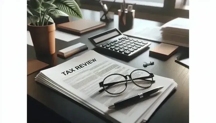 Escritorio de madera oscura con documentos apilados, calculadora moderna, gafas metálicas y bolígrafo negro, junto a planta interior desenfocada.
