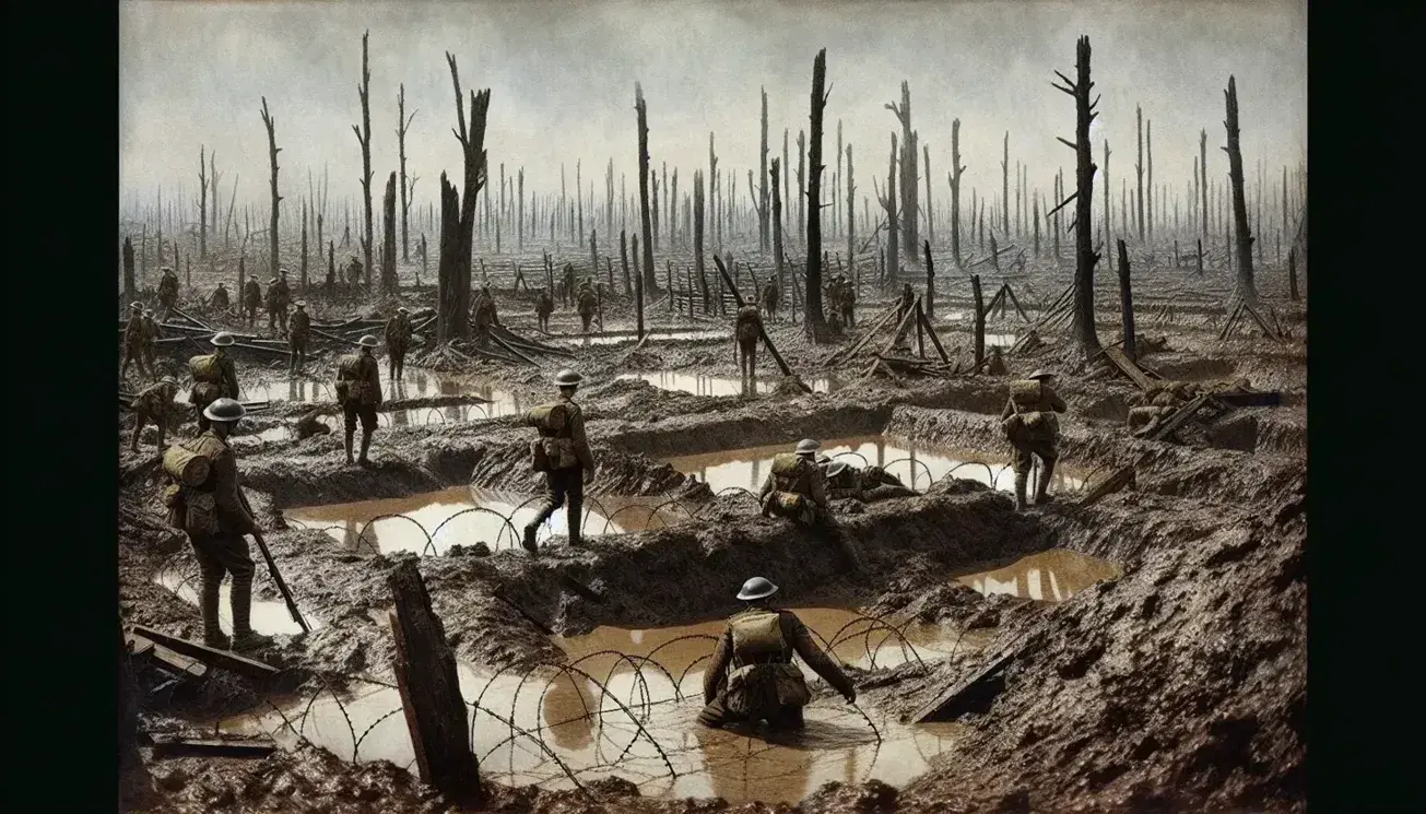Post-battle World War I landscape with muddy shell craters, barbed wire remnants, soldiers navigating terrain, and devastated, bare trees.