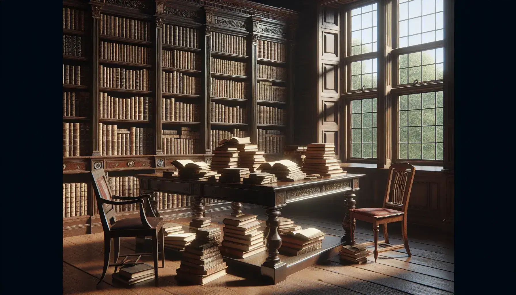 Biblioteca antigua con mesa de madera oscura rodeada de libros sin títulos visibles, estantería repleta y ventana que deja entrar luz natural.