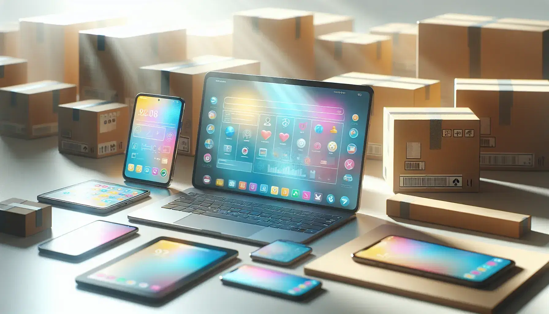 Laptop abierto con interfaz colorida, smartphone vertical y tablet apagado sobre superficie clara, con paquetes desenfocados al fondo, sin marcas visibles.