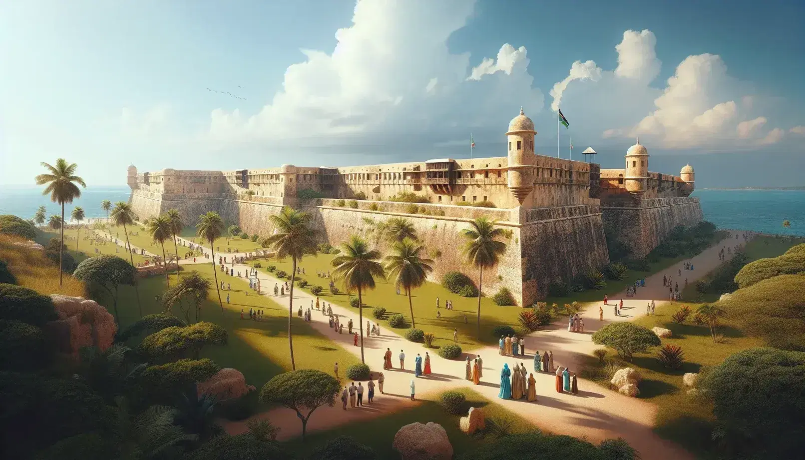 Panoramic view of Fort Jesus in Mombasa, Kenya, with tourists exploring the coral stone structure amid tropical greenery against a clear blue sky and Indian Ocean backdrop.