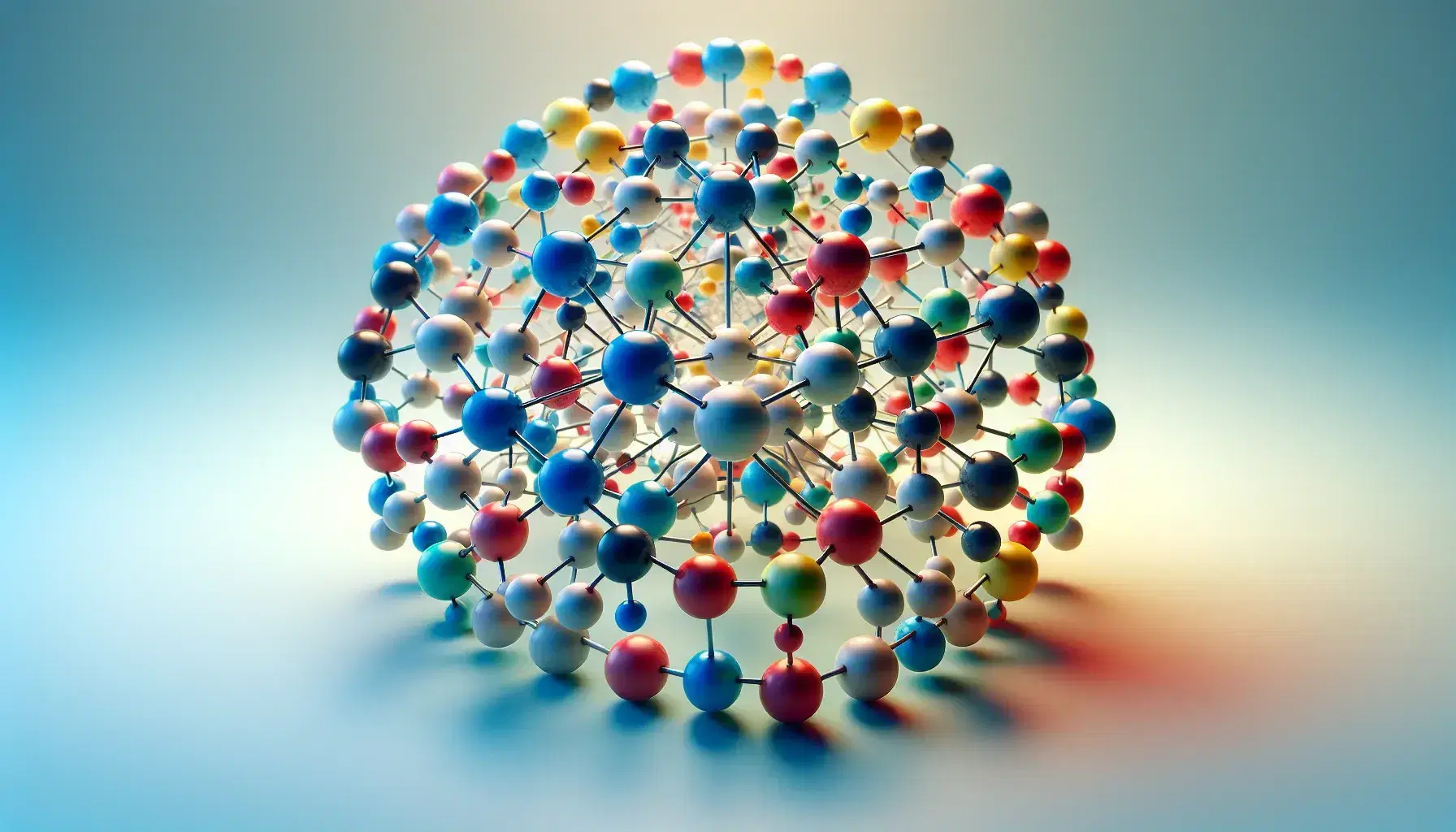 Estructura molecular tridimensional con esferas de colores variados unidas por varillas cortas sobre fondo degradado azul a blanco.