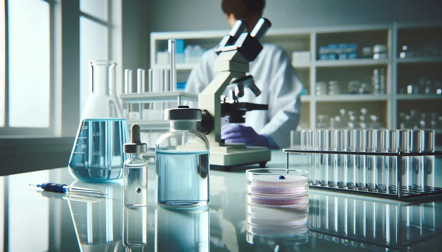 Well-lit laboratory with beaker of light blue liquid, vial with colorless liquid, scientist with purple gloves and microscope, blurred background with glassware.