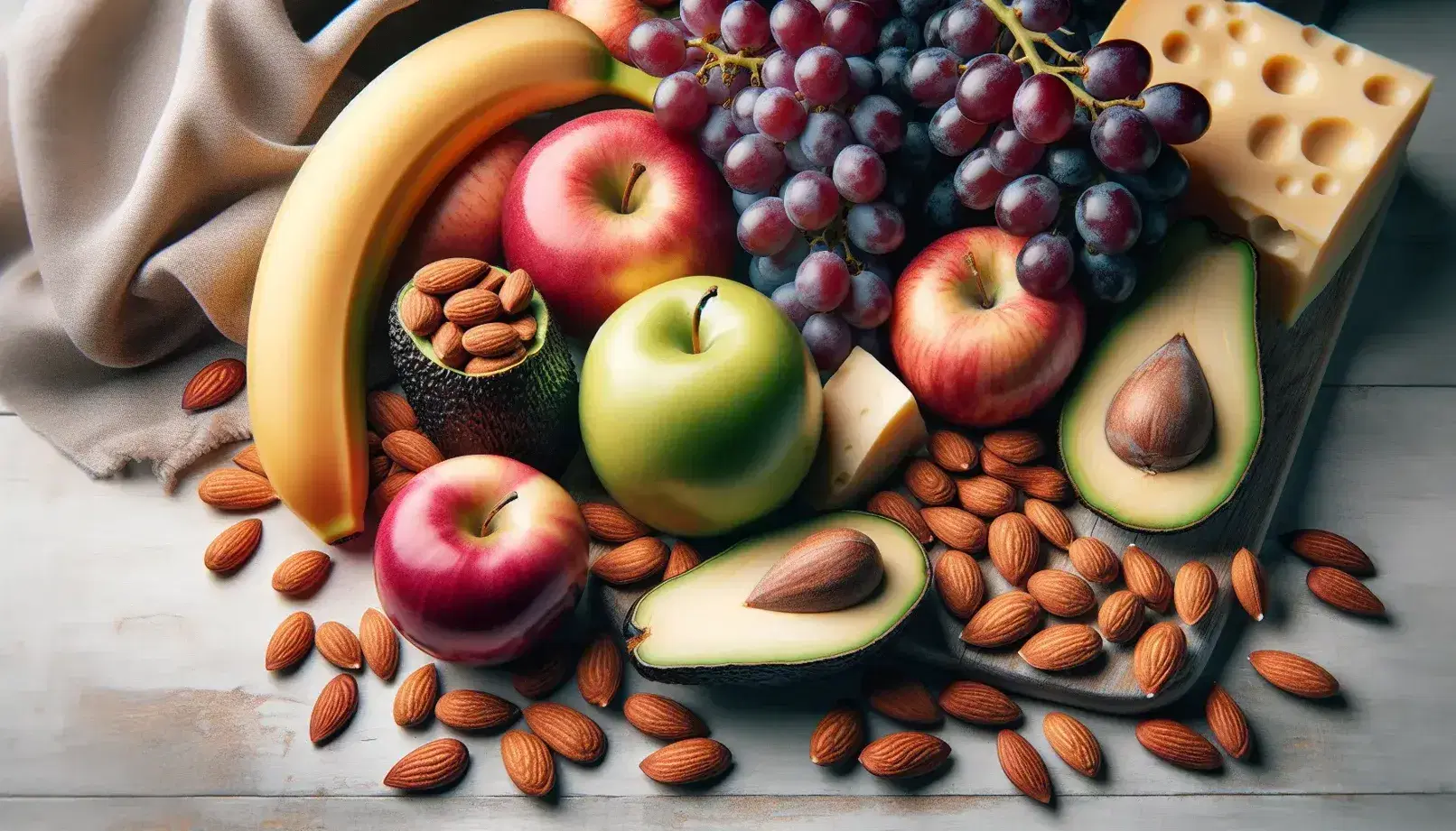 Variedad de alimentos frescos con uvas moradas, manzana roja, banana madura, aguacate cortado, almendras, queso suave y filete de salmón rosado sobre superficie de madera clara.